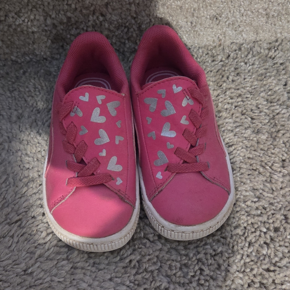 Puma Pink Kids Sneakers with Silver Heart Accents